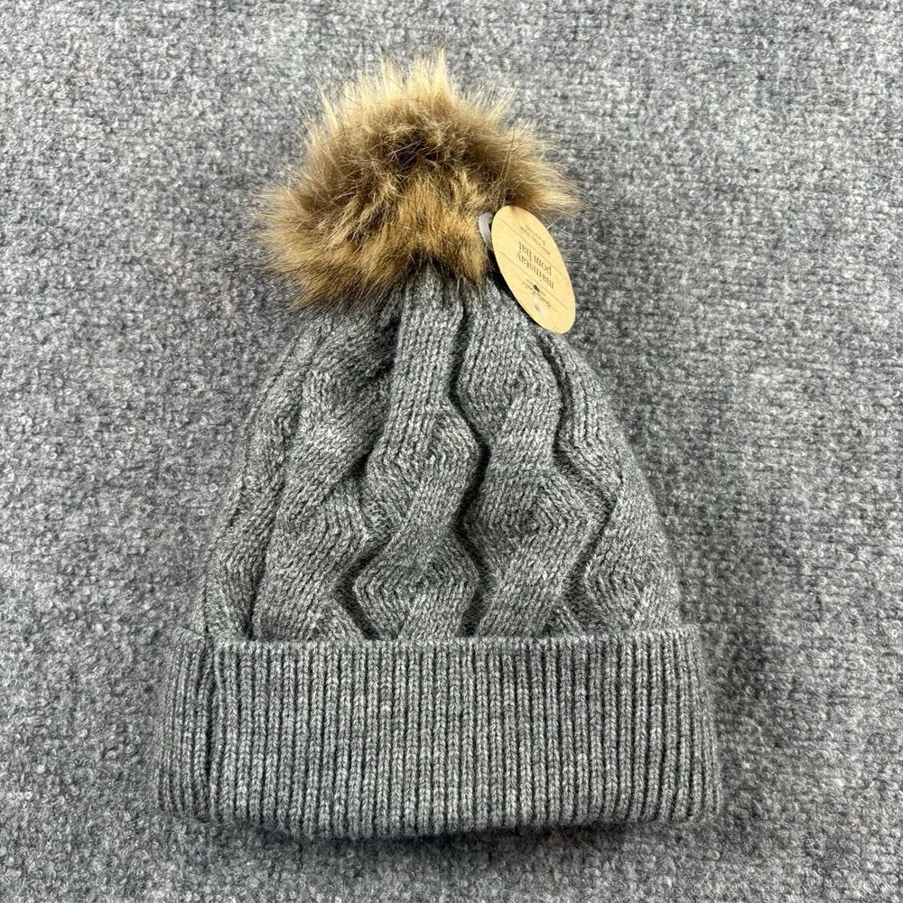 Britts Knits Pom Beanie Women Gray Cable Knit Faux Fur Lined Winter Ski NWT Cozy